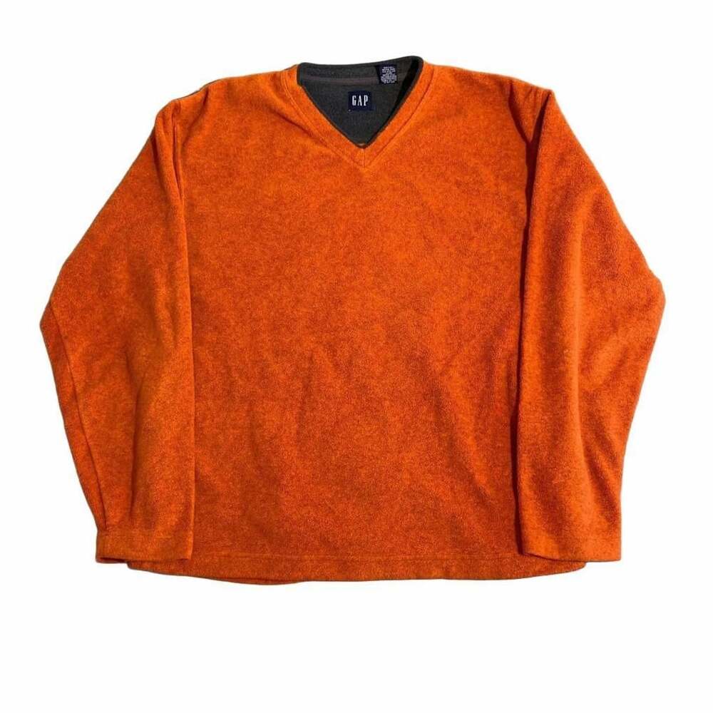 Gap Fleece V-Neck Sweater Size L Orange Polyester Pullover Y2K